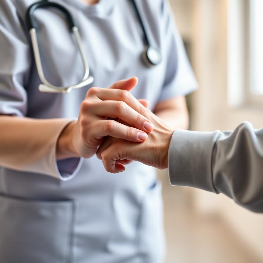 A nurse gently holding a patient's hand